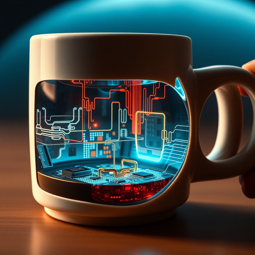 Cutaway visualization of a mug handle showing embedded sensors, microchips, and 