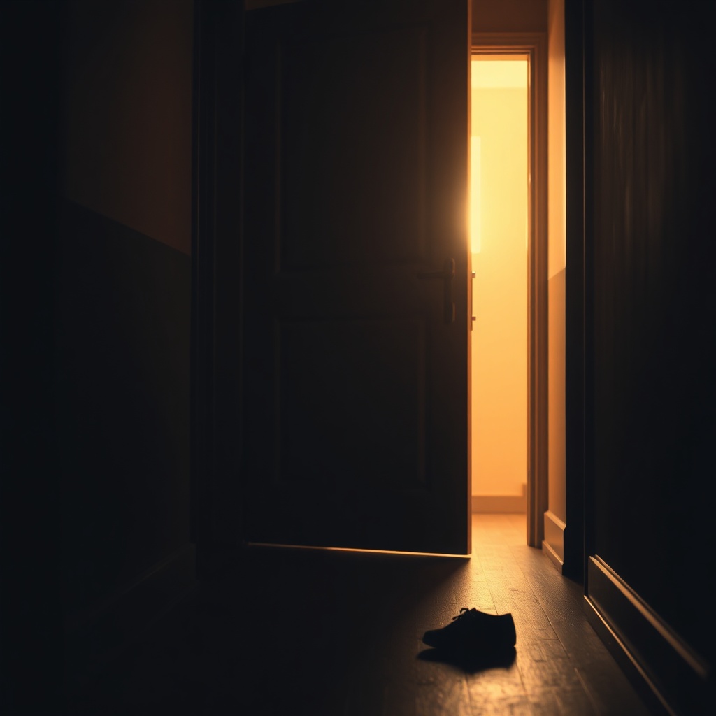 A dim hallway with a slightly open door spilling warm light, a pair of shoes by 
