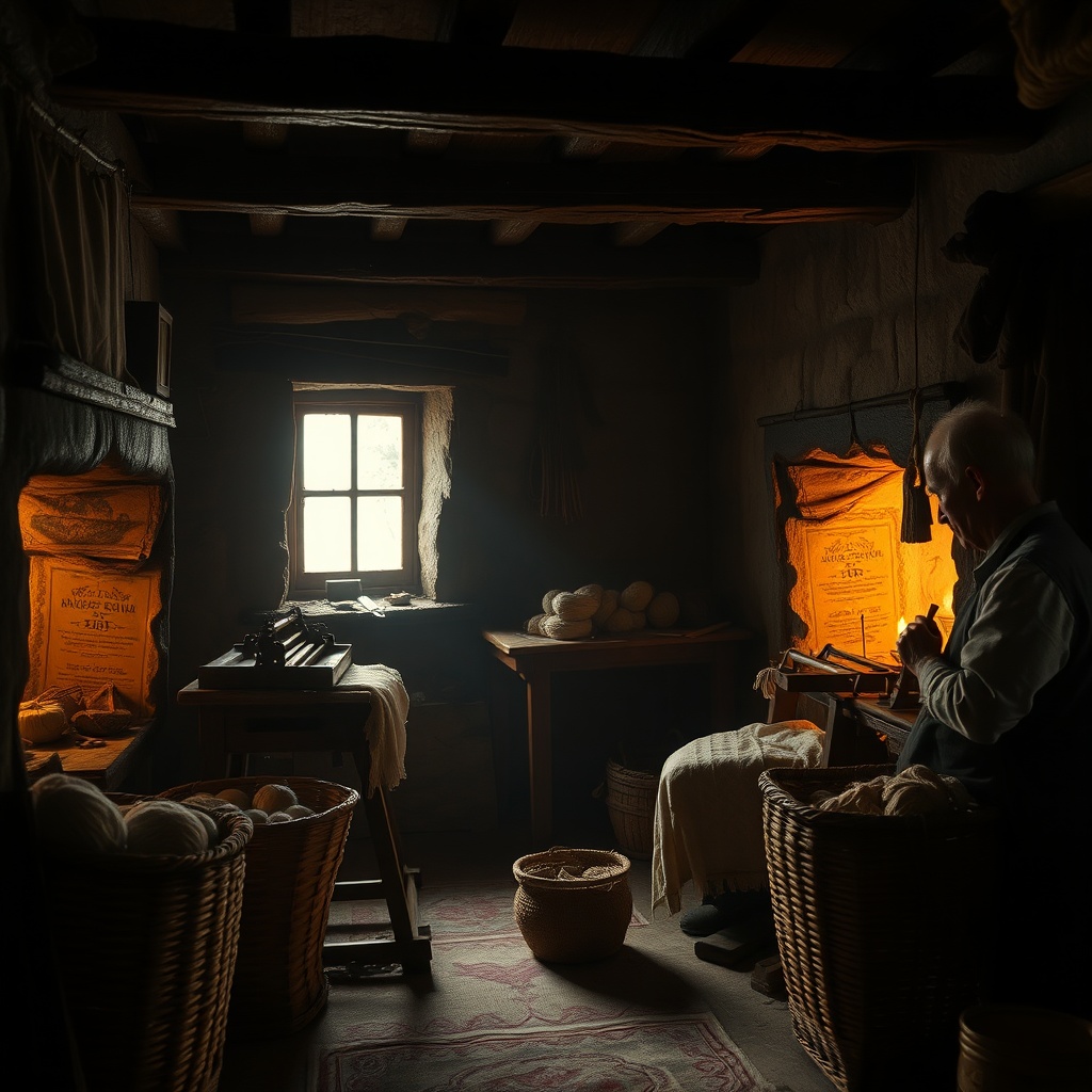 Inside a cramped knitting cottage with a hand frame or knitting setup by the hea