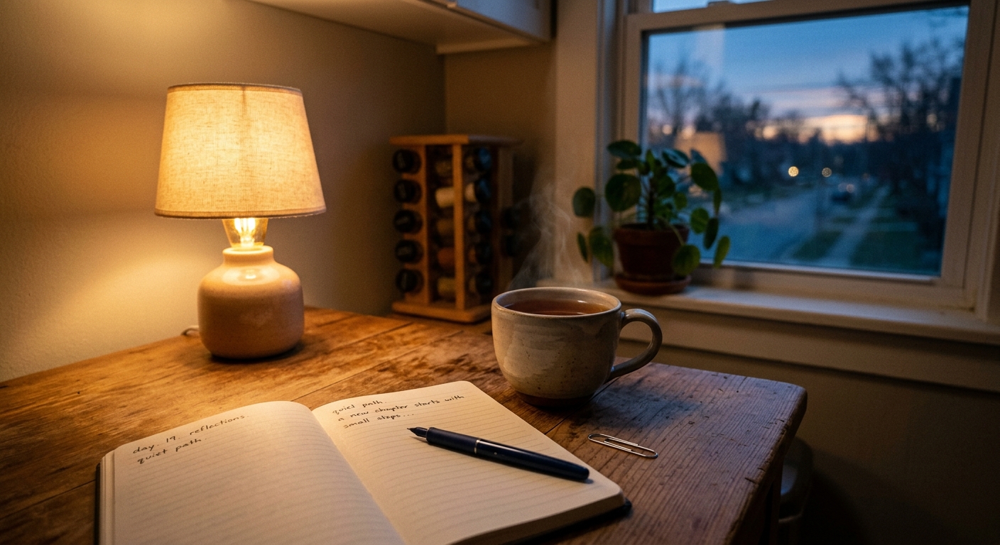A small kitchen table at dusk with a mug of tea, a notebook open, and a single p