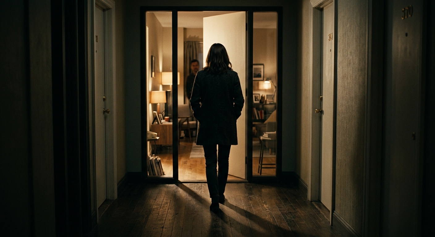 A woman walking away in the hallway, her silhouette framed by the open apartment