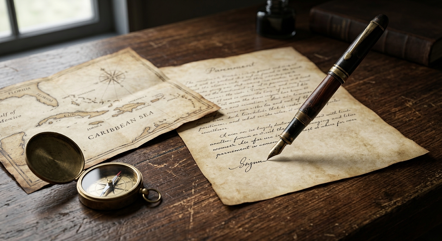 A semi-realistic historical still life: an old fountain pen signing a parchment 