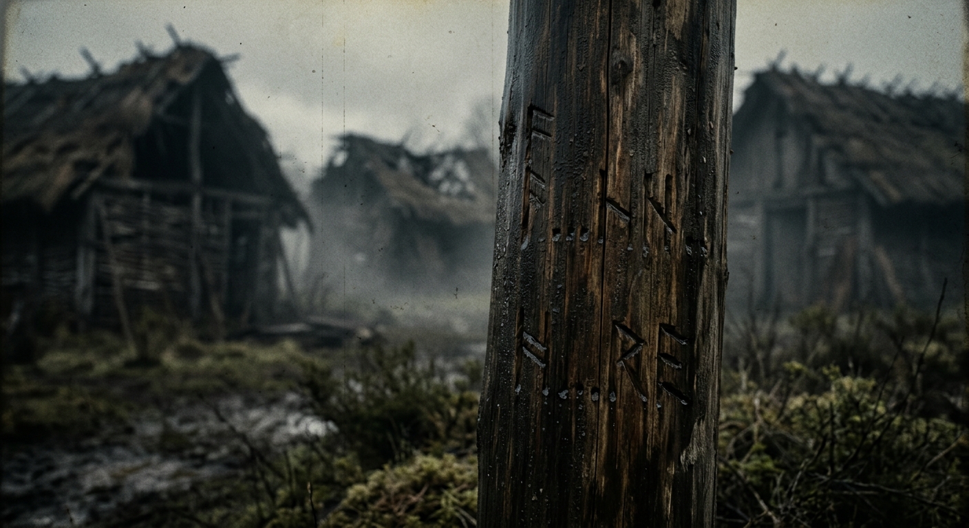A close-up of a rough wooden palisade post with fresh-looking carved letters, we
