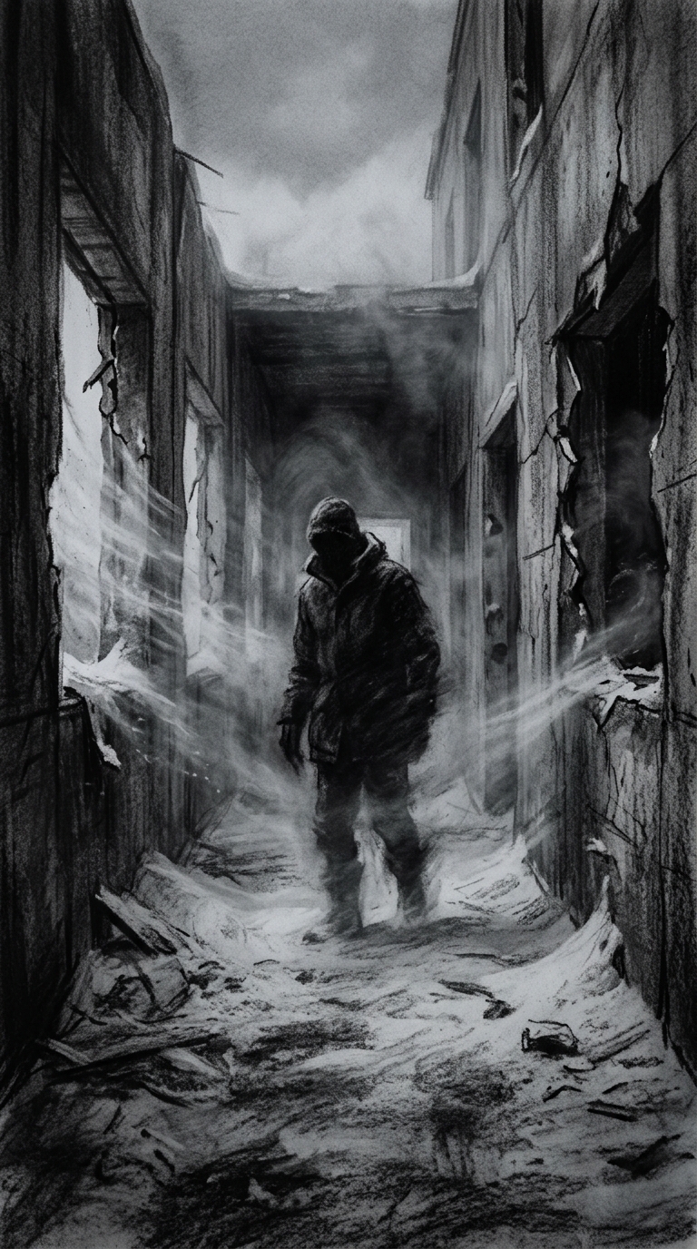 A blurry silhouette in winter gear, standing unsurely in a snow-laden corridor, 