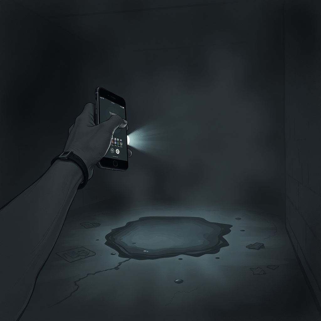 Dark charcoal horror illustration of a hand holding a phone flashlight over a sh