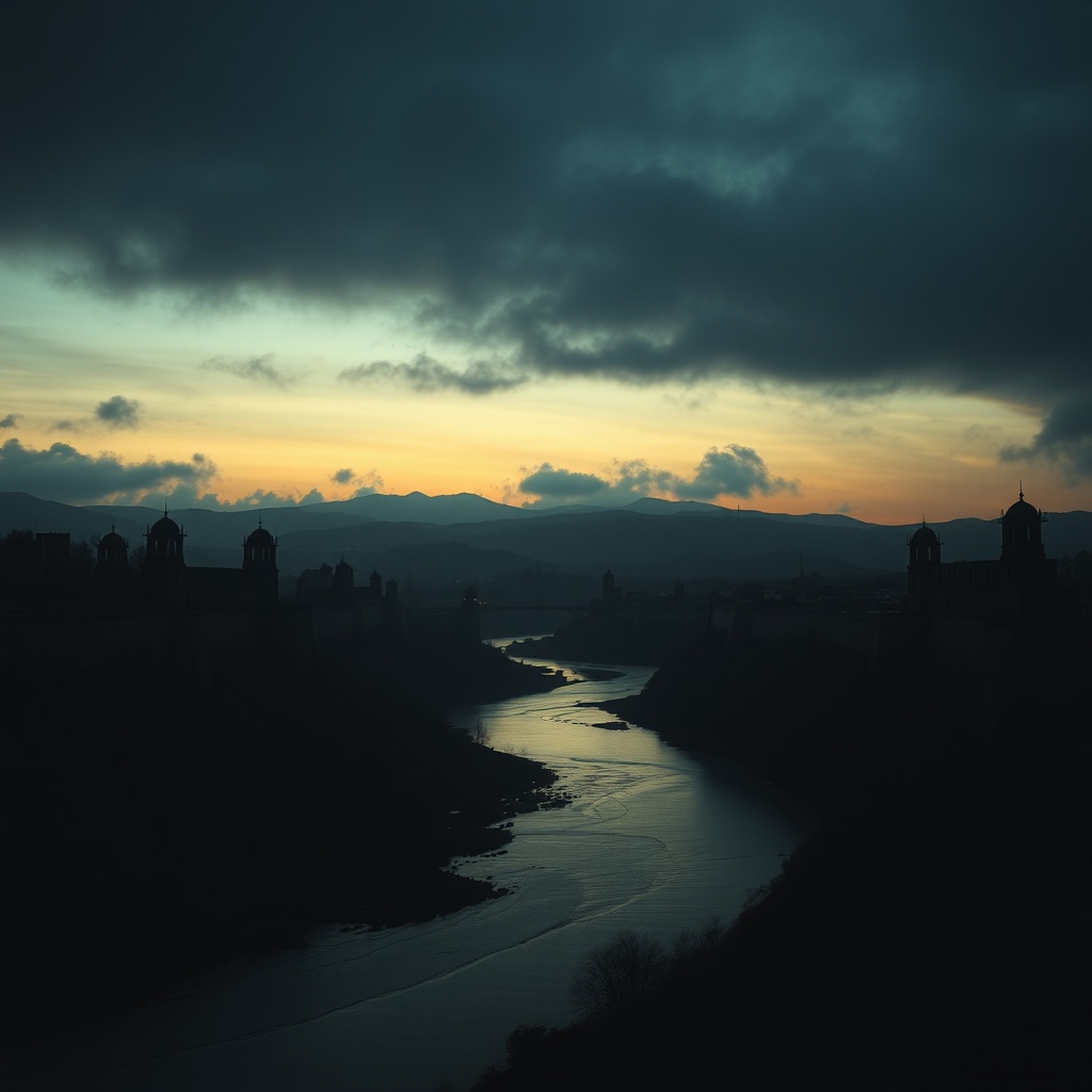 Wide shot of a river bend and fortified ancient city walls at dusk, silhouettes 