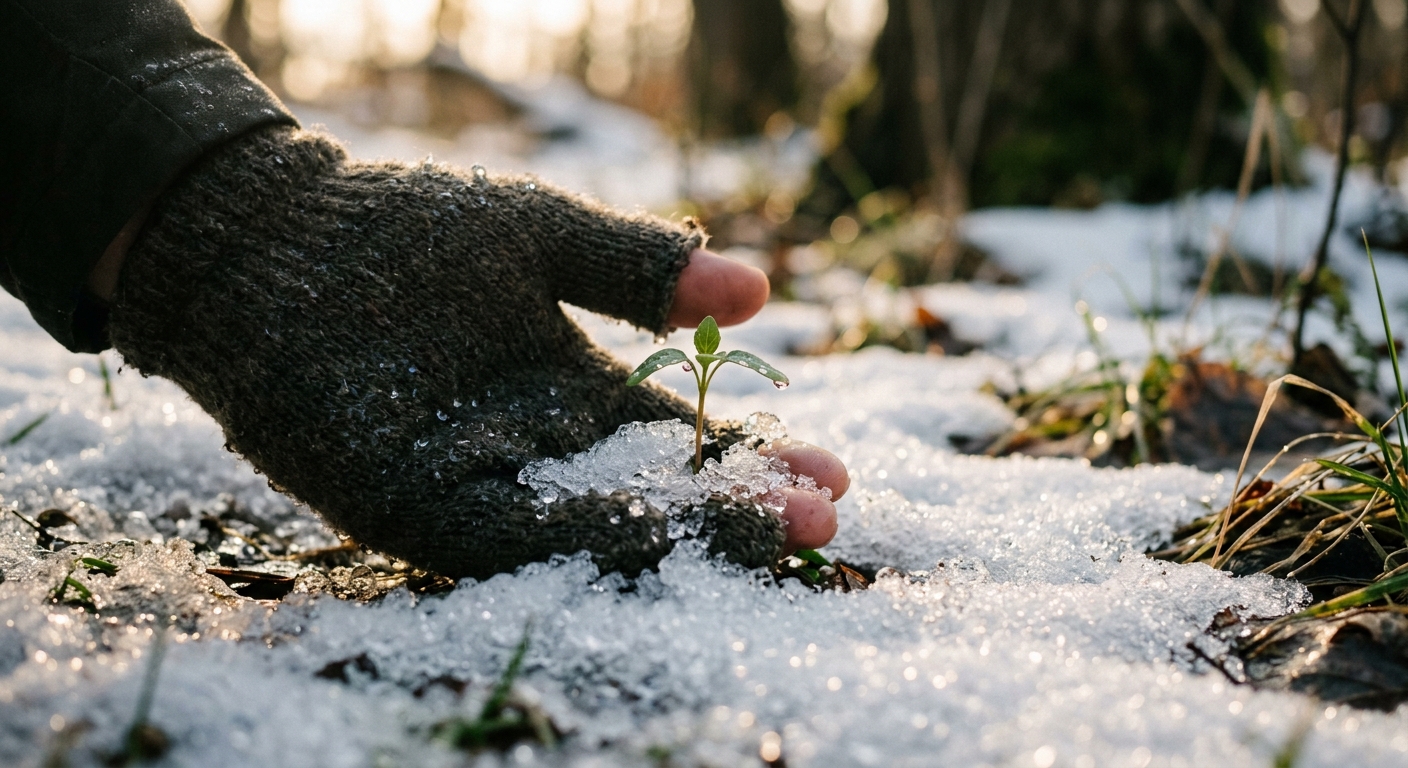 Close-up of a gloved hand holding a small green sprout emerging through melting 