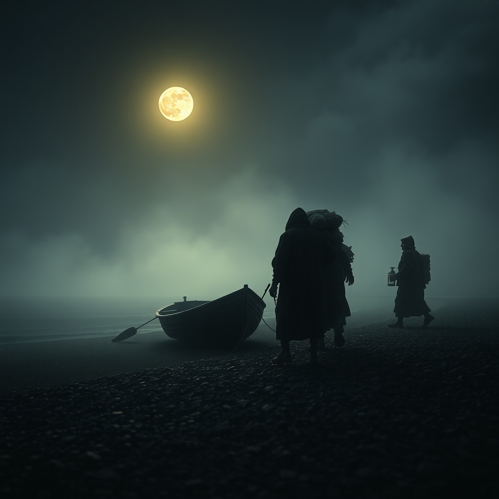 A moonlit shoreline with a small boat pulled onto shingle, anonymous figures car