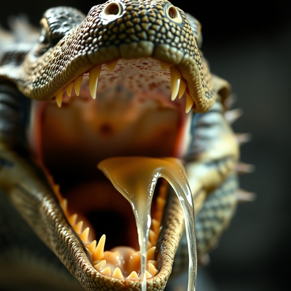 An extreme close up of a Komodo dragon’s open mouth showing serrated teeth and s