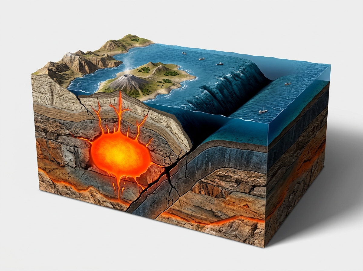 A cracked cross-section of Earth showing an ocean trench and one tectonic plate 