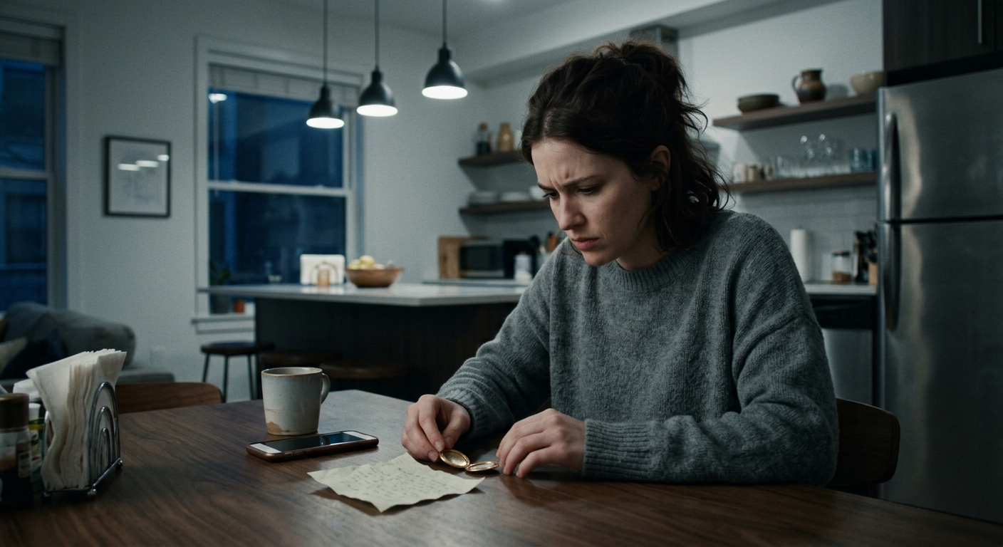 An elegantly disheveled young woman sitting at the kitchen table, staring down a