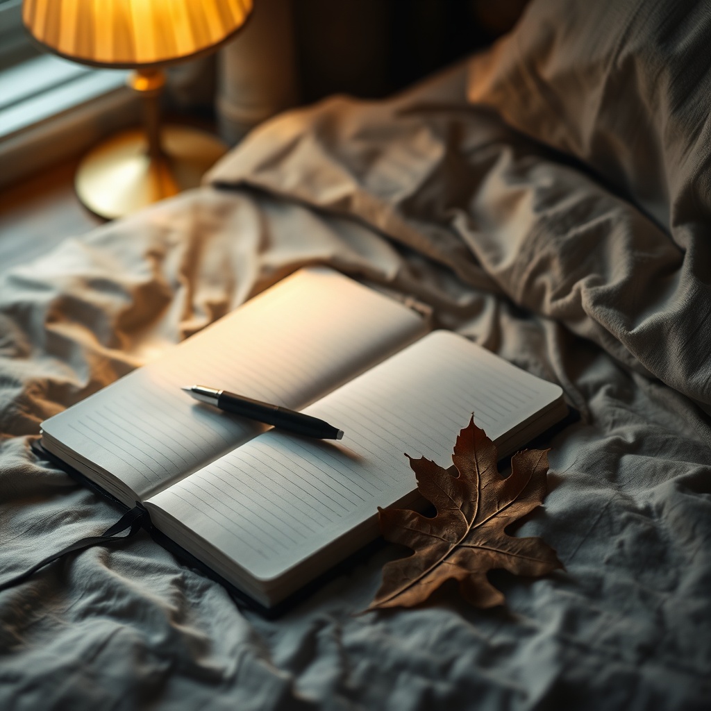 A small notebook open on a bed with a pen beside it, a soft lamp casting warm li