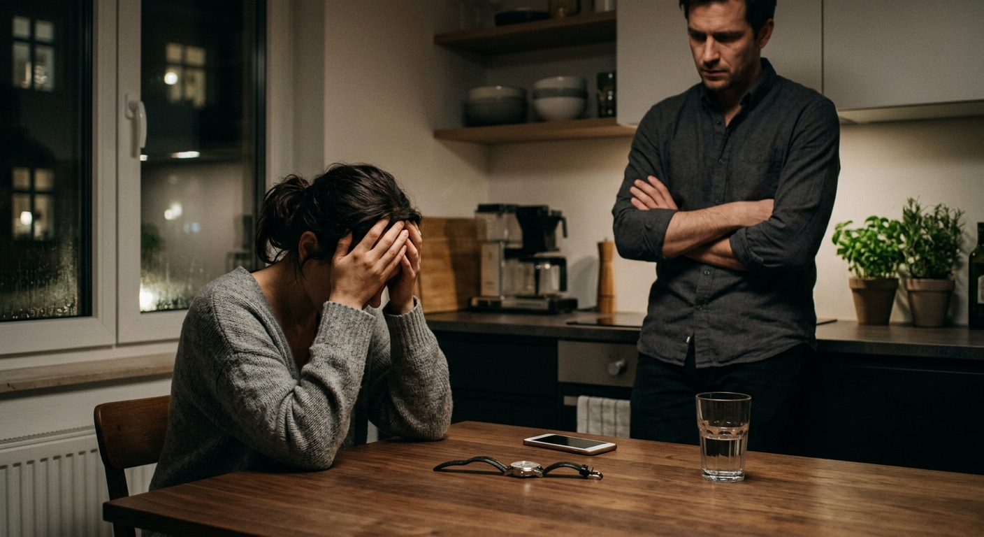 A tense kitchen table scene; she sits with her head in her hands while he stands