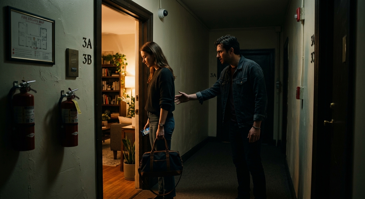 A tense hallway outside an apartment door, warm light spilling out, a woman hold